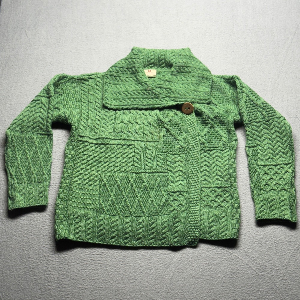 Carraig Donn Irish Merino Wool Sweater Large Green Cable Knit Wrap Notre Dame